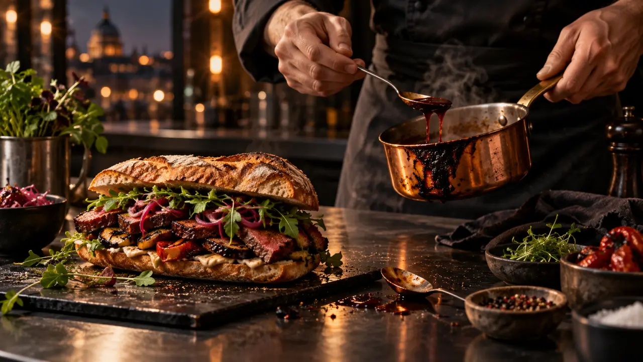 Sauce artisanale versée sur un plat de street food gastronomique