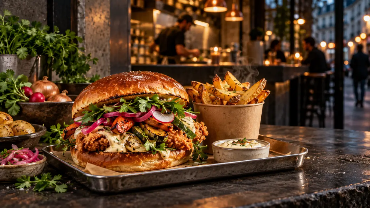 Plat de street food gastronomique servi sur une table urbaine