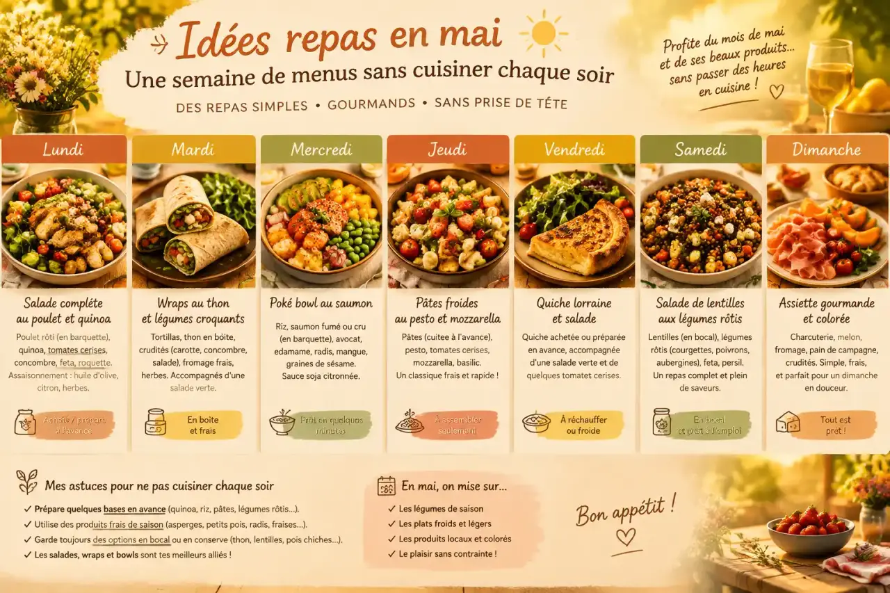 Idées repas en mai : une semaine de menus sans cuisiner chaque soir
