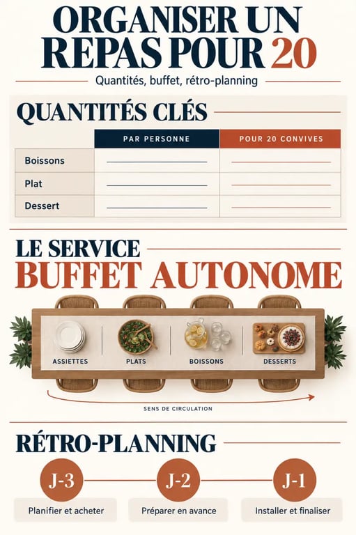 Infographie des quantités et de l'organisation d'un repas pour 20 personnes