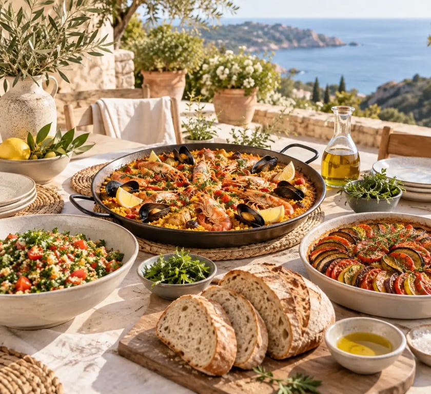 Plats conviviaux et estivaux à partager sur une grande table en terrasse
