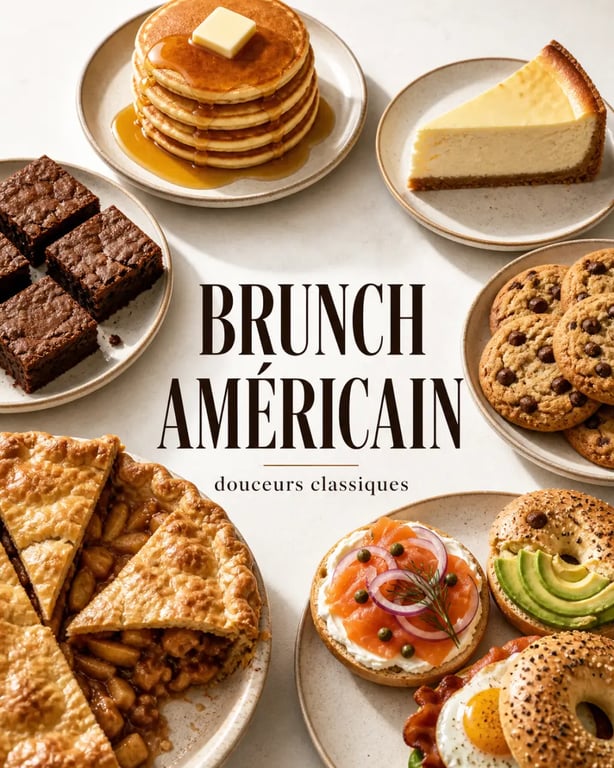 Cuisine americaine recettes : pancakes, cheesecake, brownies et apple pie sur une table de brunch