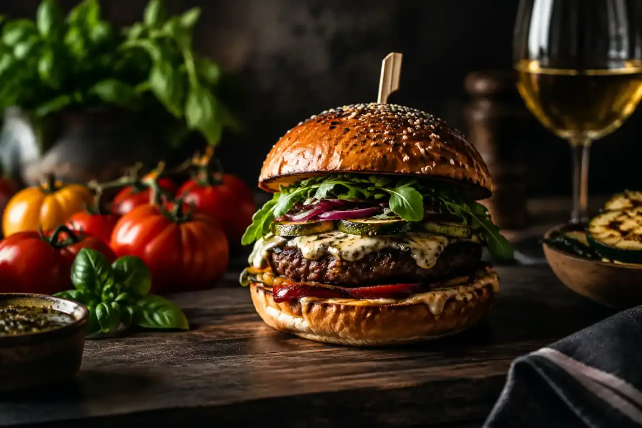 Burger gastronomique artisanal composé d'ingrédients de saison sur une table urbaine
