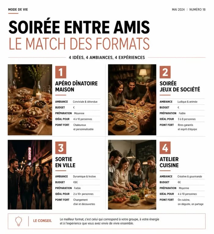 Comparatif soirée entre amis : apéro dînatoire, jeux de société, sortie en ville et atelier cuisine