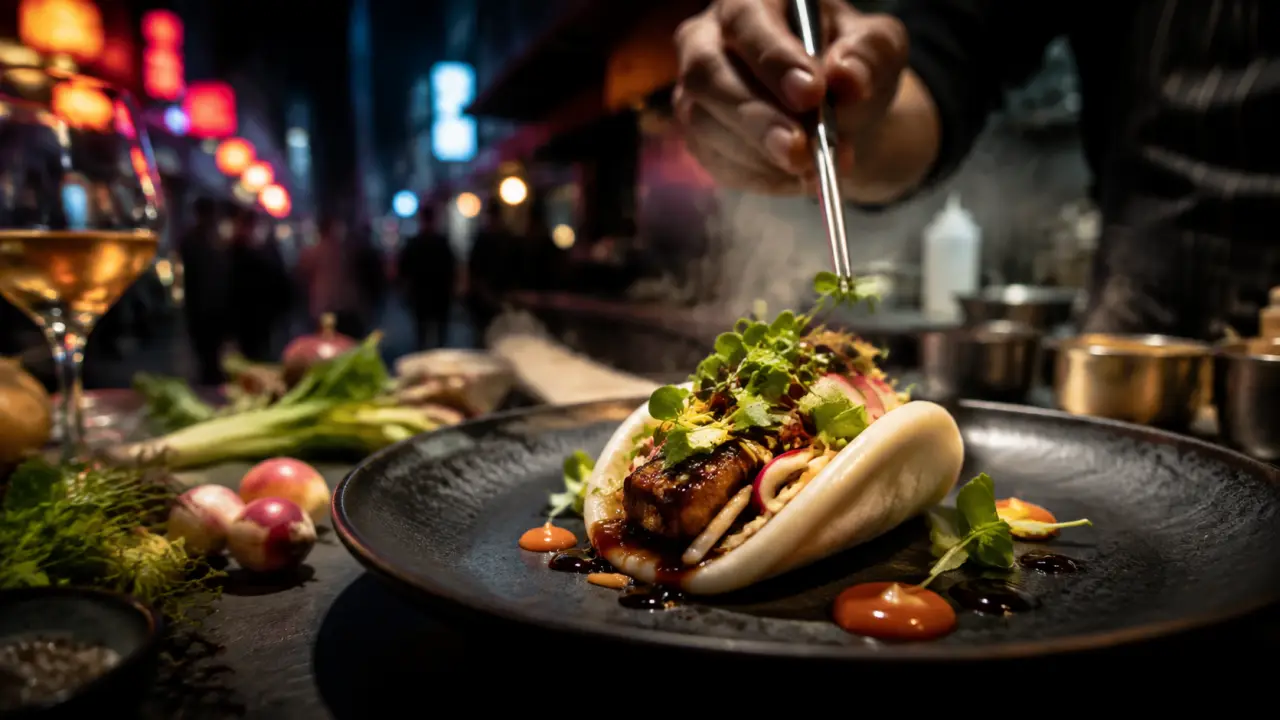 Plat street-food gourmet sur table en béton avec lumières néon urbaines