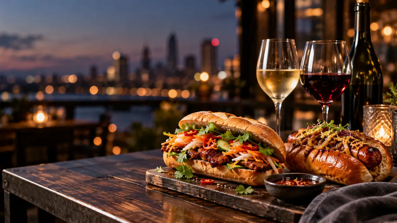 Banh mi et hot-dog gourmet servis avec des verres de vin dans une ambiance urbaine
