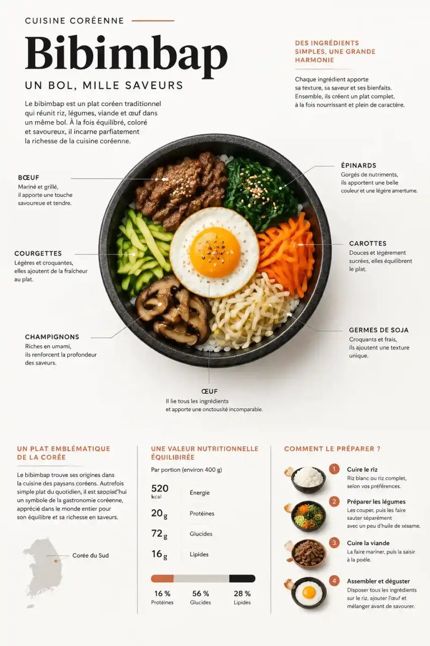Voyage en cuisine recettes : bibimbap coréen dressé dans un bol, plat du monde à refaire à la maison