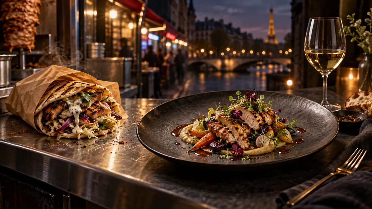 Plat de street food gastronomique servi sur une table en béton dans une ambiance urbaine