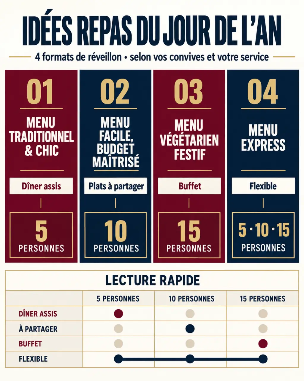 Infographie des idées repas jour de l'an selon le budget, le format et le nombre de convives