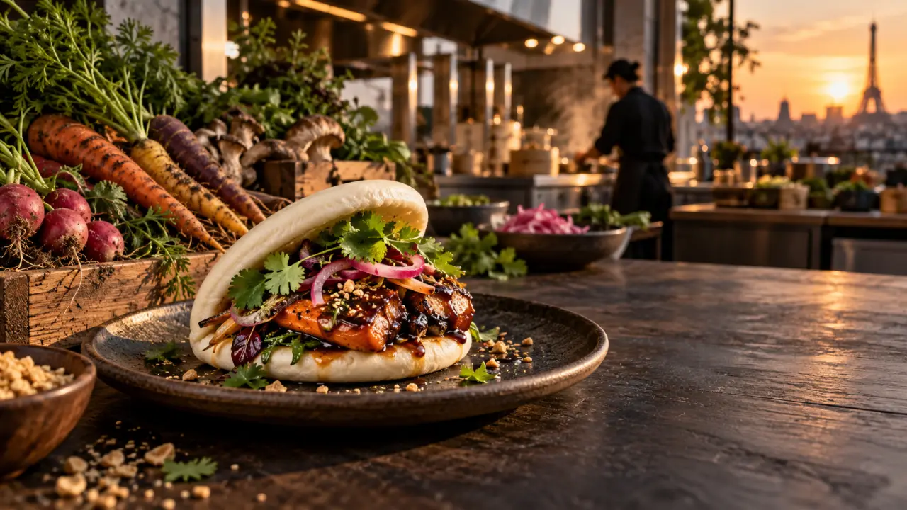 Bao gourmand garni de produits locaux, servi dans une ambiance urbaine et contemporaine