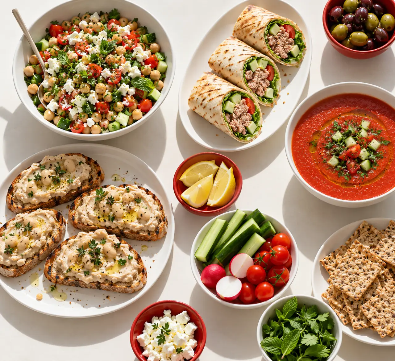 Idées repas froid avec salade de pois chiches, wraps, tartines et gaspacho