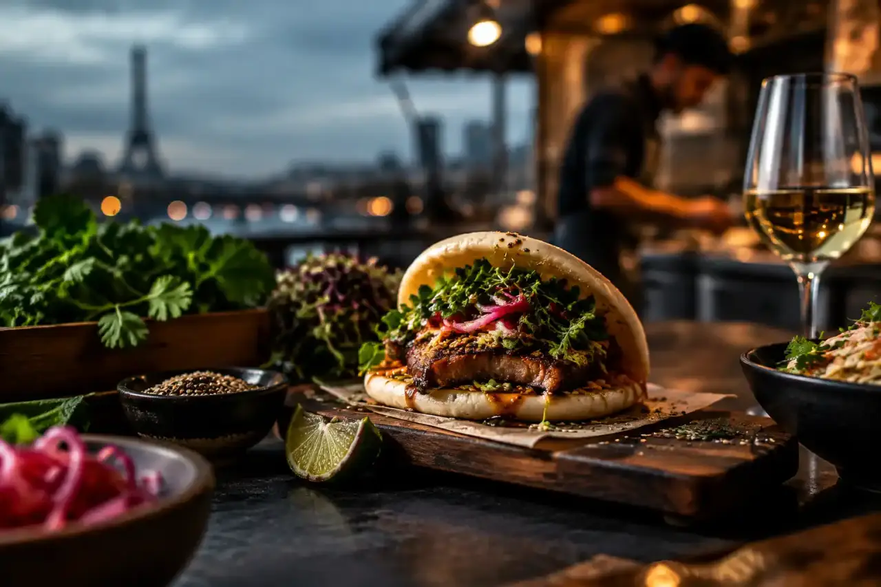Plat de street food gastronomique aux ingrédients locaux, servi dans une ambiance urbaine