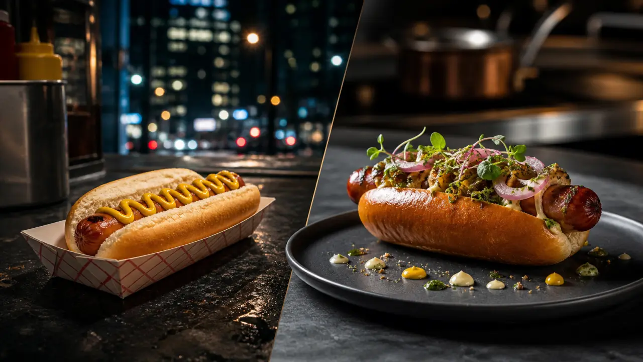 Hot-dog urbain gastronomique dressé avec précision, ambiance nocturne et néons flous