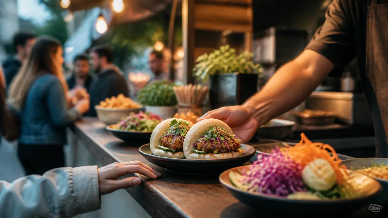 Plat de street food gastronomique servi dans une ambiance urbaine nocturne