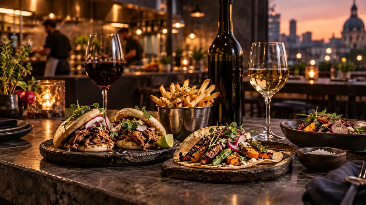 Plat de street food gastronomique accompagné d'un verre de vin dans une ambiance urbaine nocturne