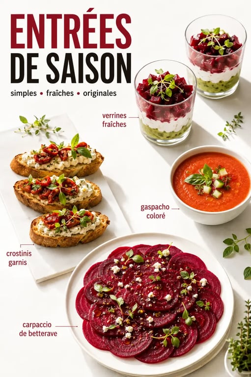 Recettes entrées simples et originales : verrines, crostinis et gaspacho colorés sur une table de saison