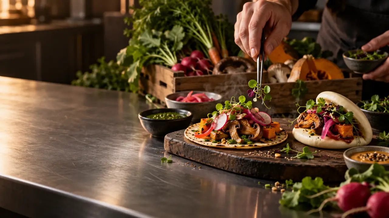 Plat de street food gastronomique servi sur une table urbaine, dans une ambiance nocturne