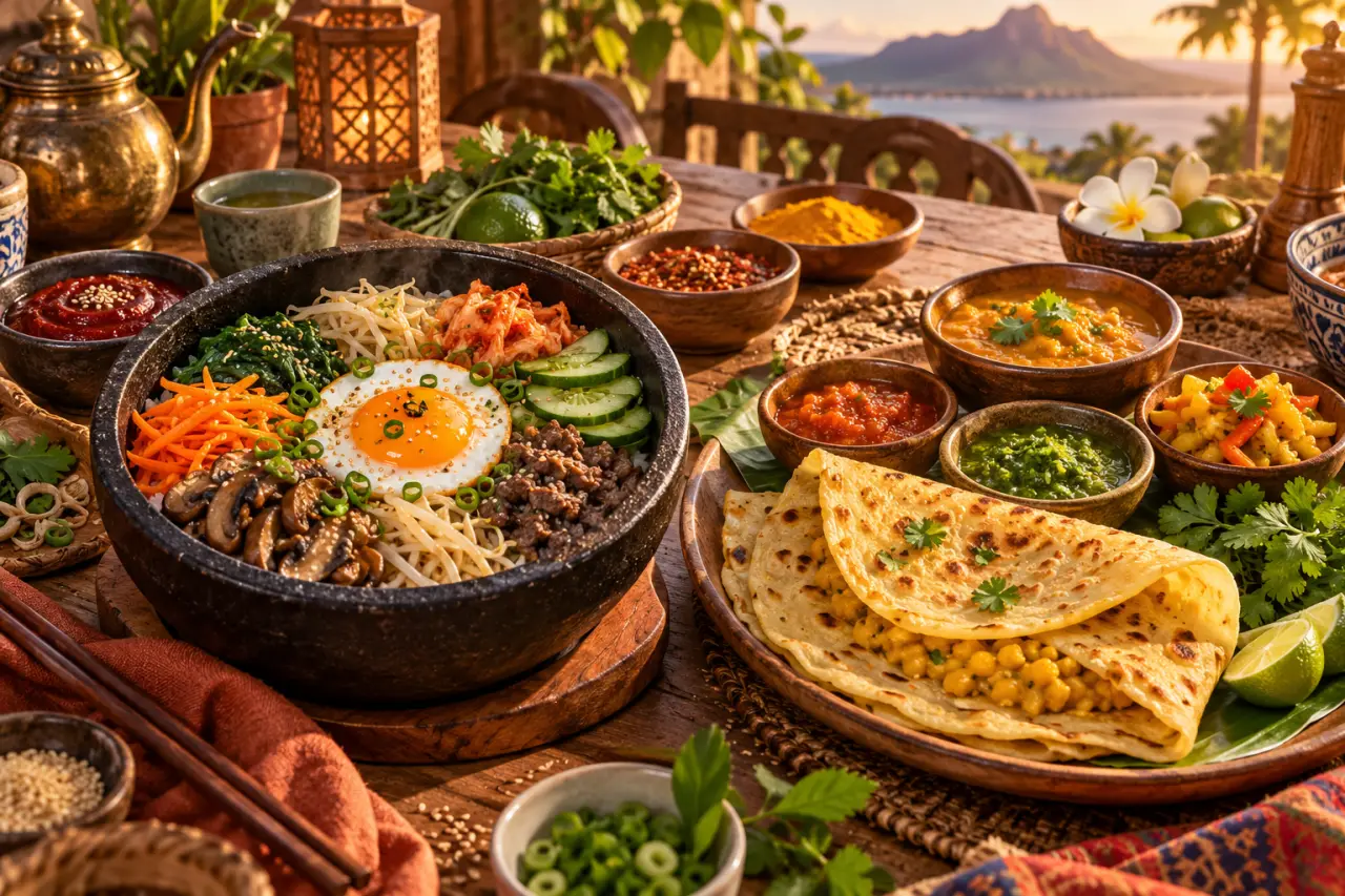Voyage en cuisine : recettes du monde à refaire chez soi, du bibimbap au dholl puri