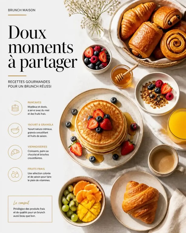Table de brunch sucré avec pancakes et fruits frais pour une idée de brunch maison