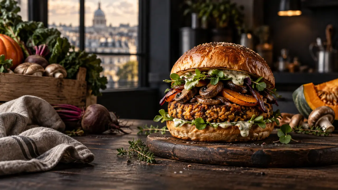 Burger végétal gastronomique composé de légumes de saison, servi sur une table urbaine