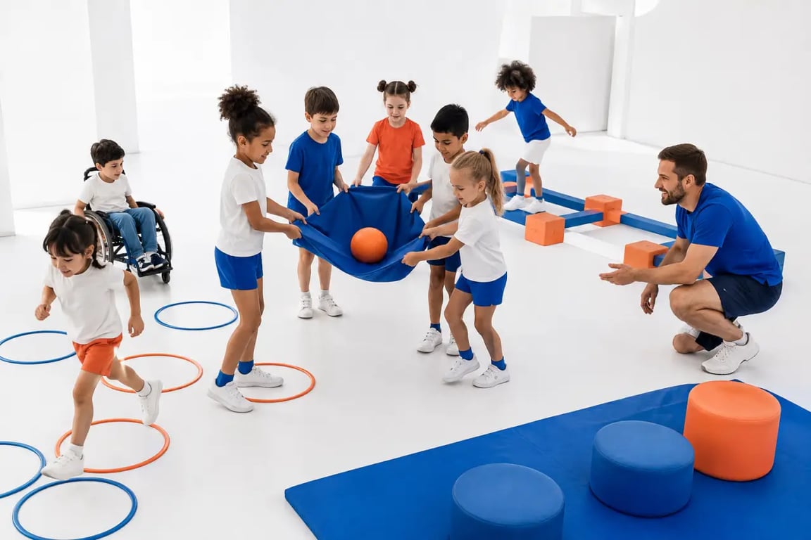 Activité de centre de loisirs avec jeu coopératif et rôles tournants