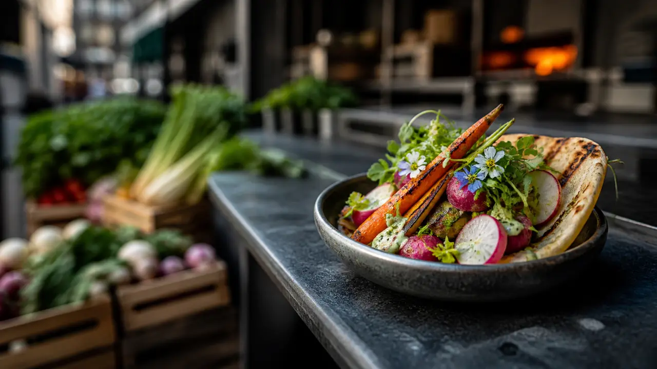 Plat street-food gourmet de saison, dressé sur une table en béton brut avec lumière néon urbaine