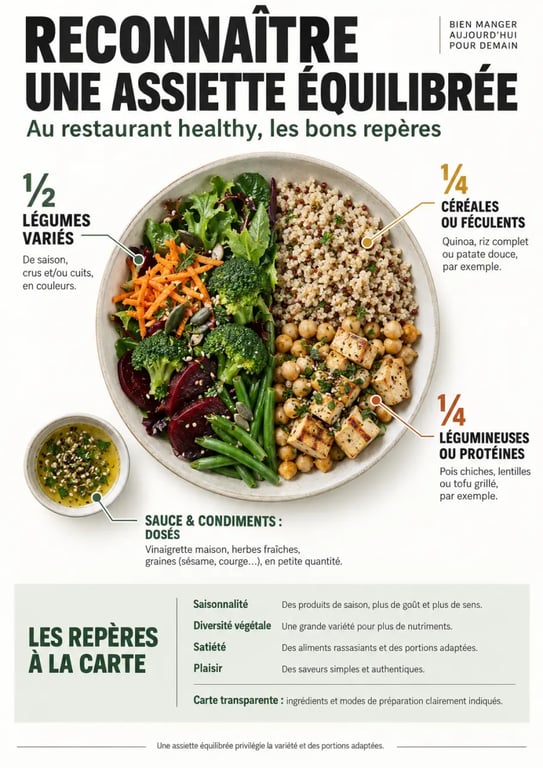 Infographie pour choisir un restaurant healthy avec les critères d’une assiette équilibrée