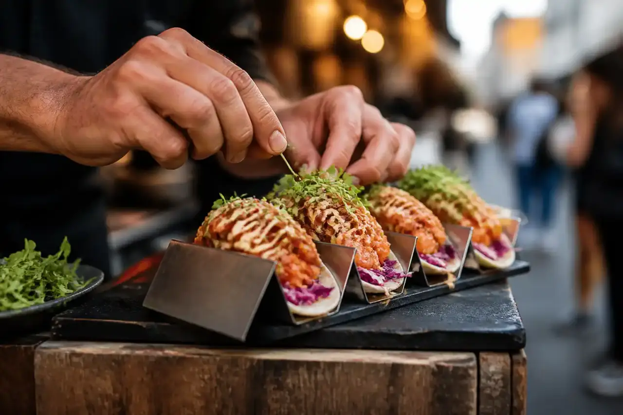 Plat de street food gastronomique servi sur une table en béton brut avec une lumière néon urbaine