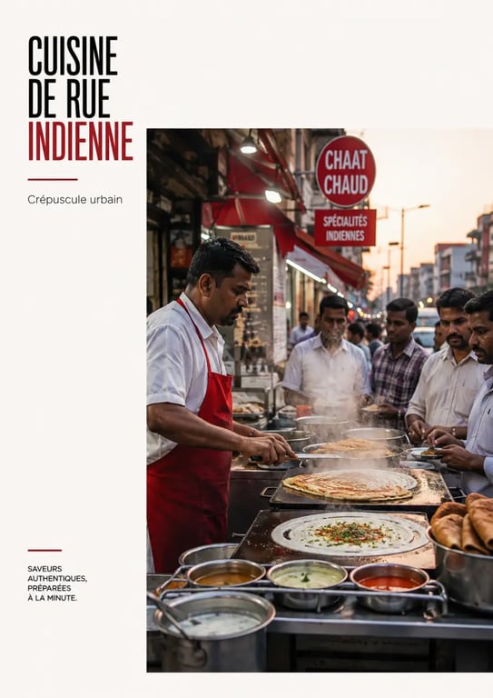Street food indien : stand animé à Delhi avec vendeurs locaux et spécialités servies minute