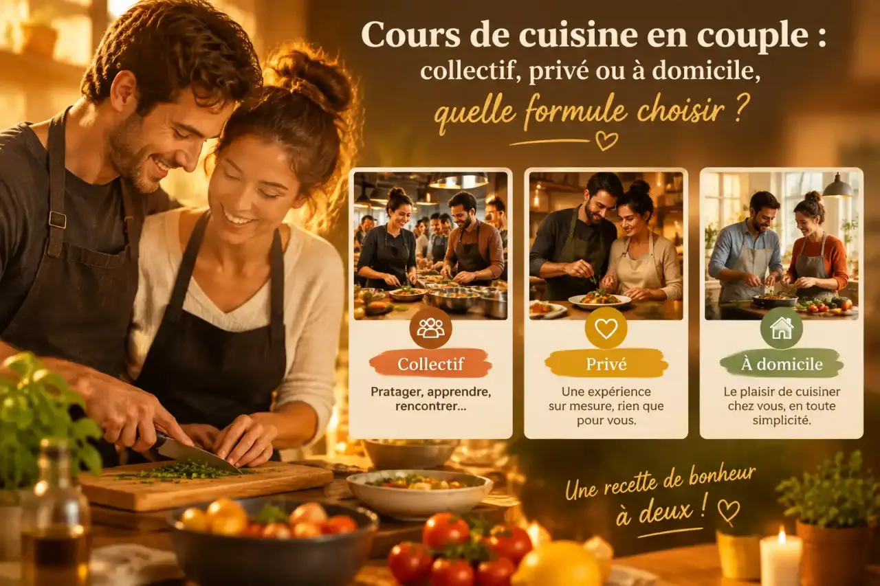 Cours de cuisine en couple : collectif, privé ou à domicile, quelle formule choisir ?