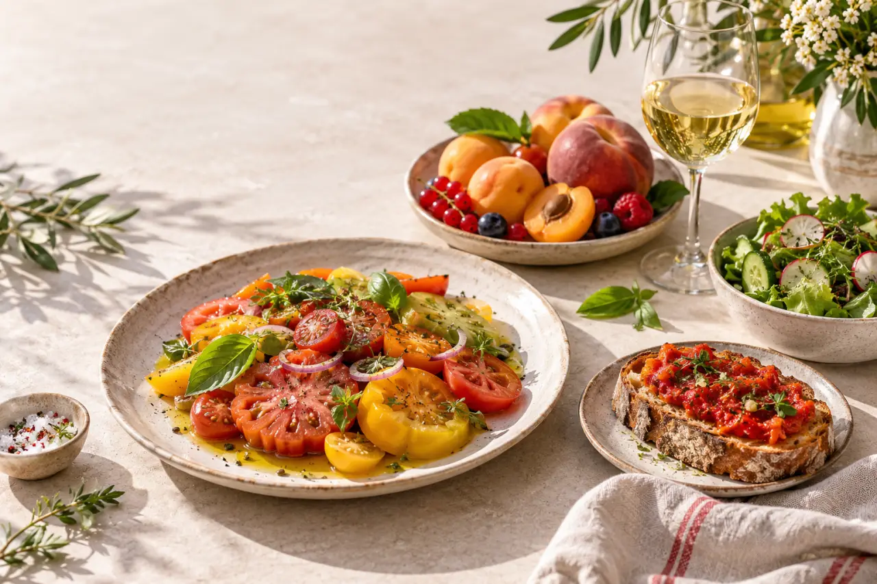 Cuisine et Vins de France recettes : menu estival avec tomates, légumes grillés et vin blanc