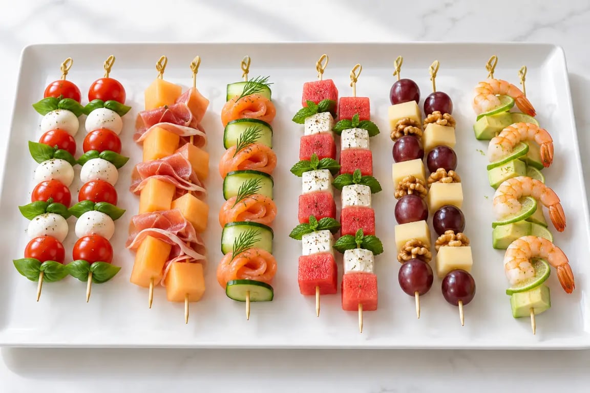 Brochettes froides apéritives colorées sur un plateau avec mozzarella, melon, saumon et feta