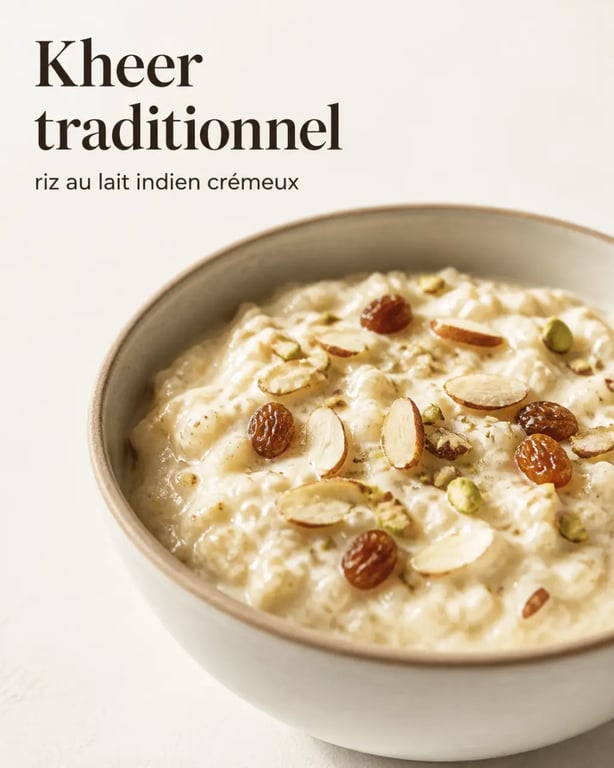 Kheer traditionnel servi en bol, avec pistaches, amandes et raisins secs