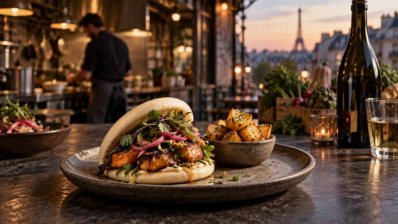 Plat de street food gastronomique Urban Dish sur une table en béton, dans une ambiance urbaine