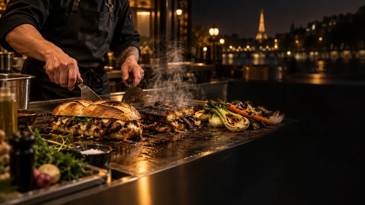 Plat de street food gastronomique en cours de cuisson dans une cuisine urbaine