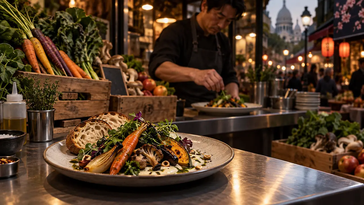 Plat de street food gastronomique préparé avec des ingrédients locaux, dans une ambiance urbaine nocturne