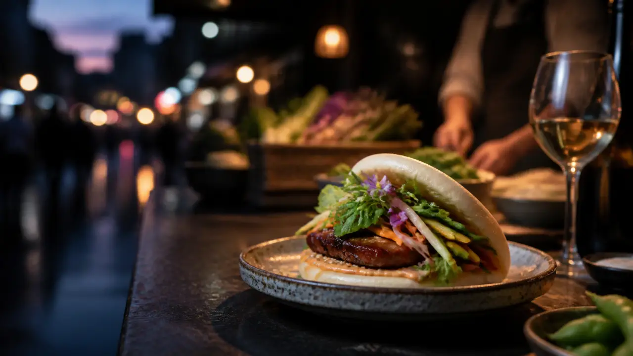 Plat de street food gastronomique éclairé au néon dans une ambiance urbaine nocturne