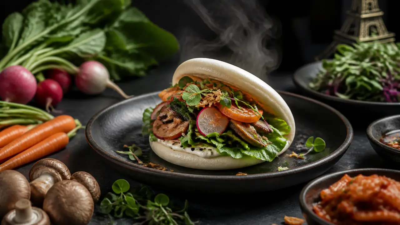Bao gastronomique aux légumes de saison, présenté dans une ambiance urbaine et moody