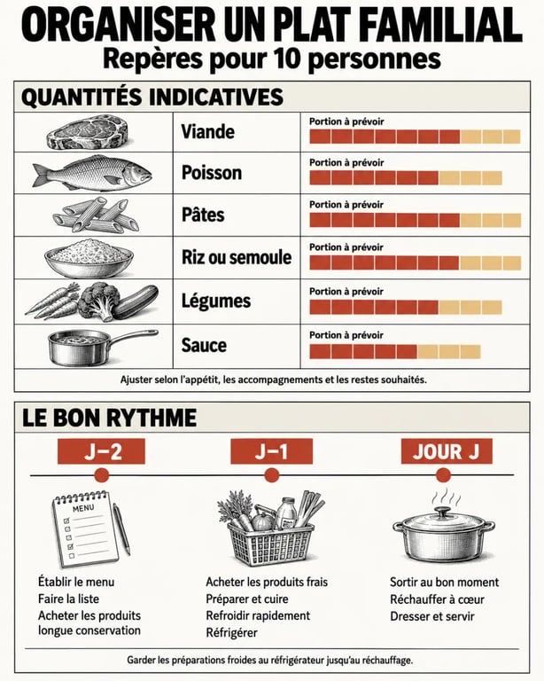 Infographie des quantités et de l’organisation d’un plat familial pour 10 personnes