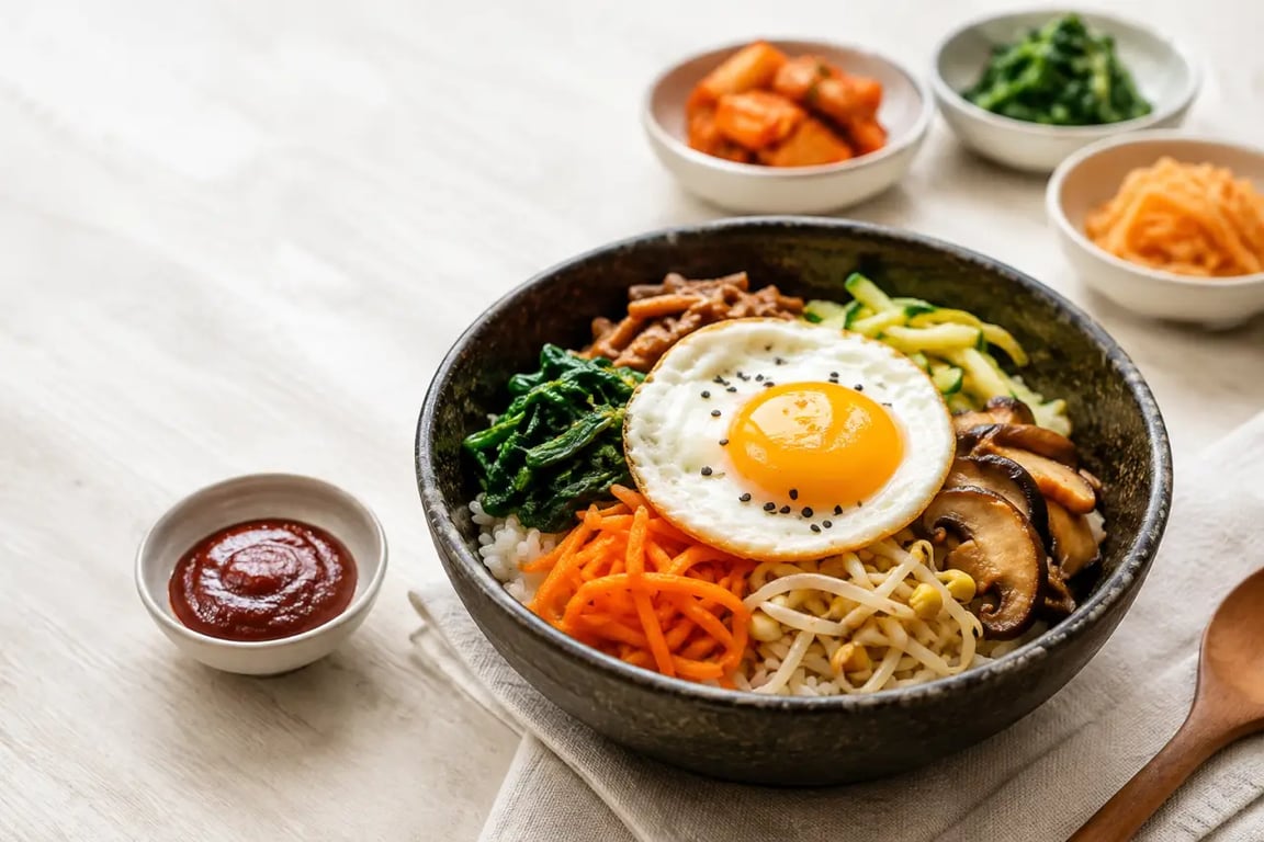 Cuisine coreenne recettes : bibimbap coréen dressé avec banchan et sauce gochujang