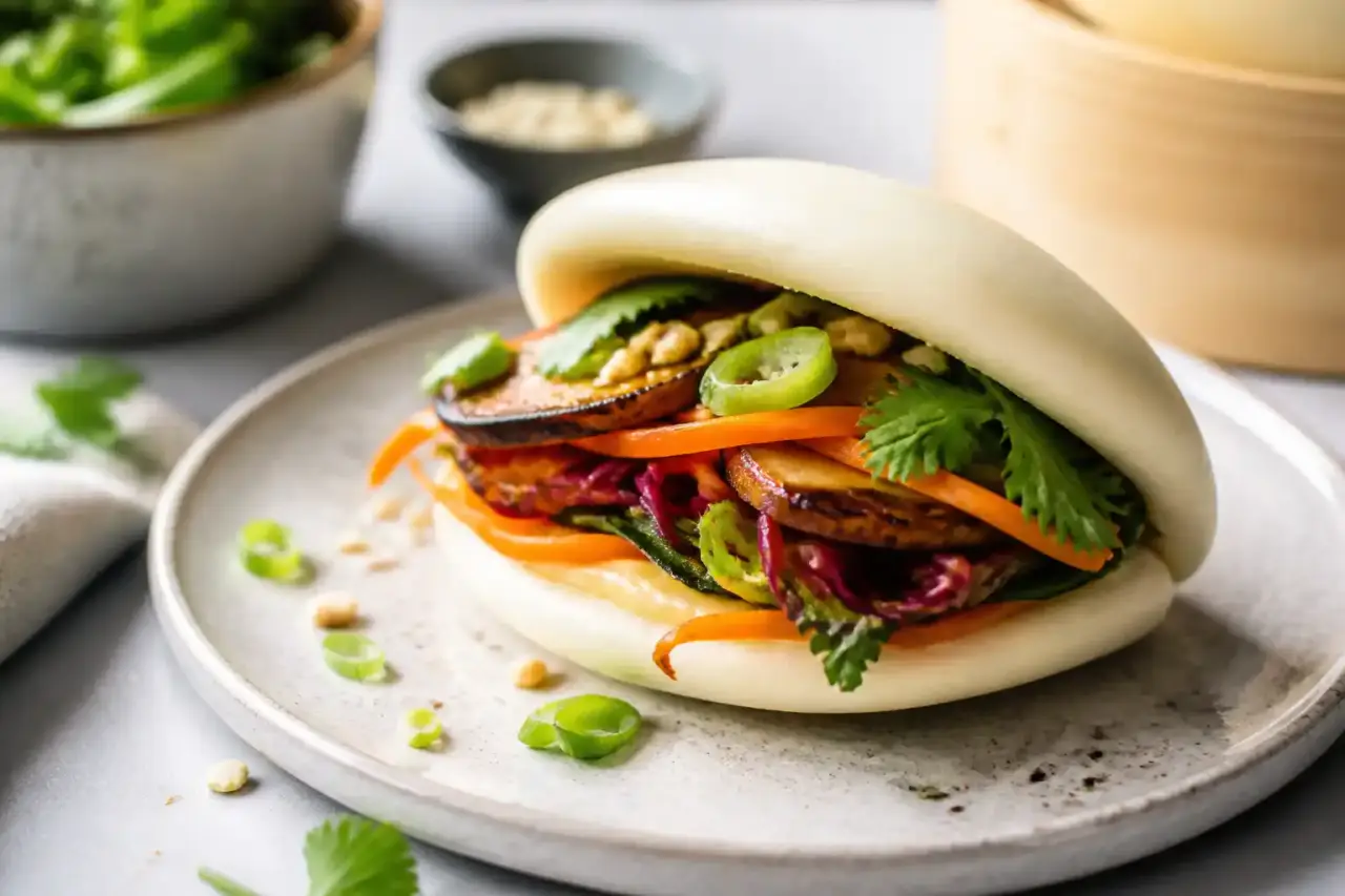 Bao gourmet aux légumes de saison, dressé sur une table en béton brut avec ambiance néon urbaine