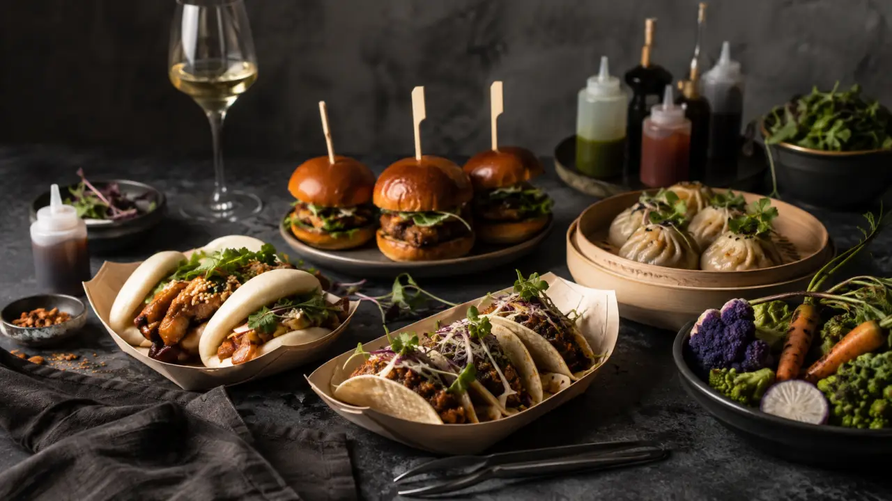 Street food gastronomique mise en scène dans une ambiance urbaine et nocturne
