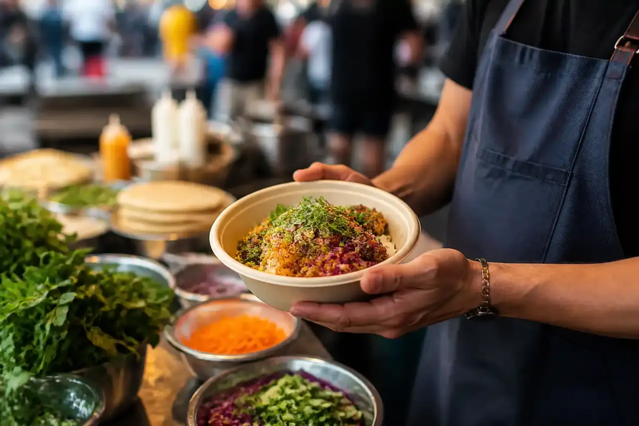 Plat street-food gourmet sur table en béton brut, ambiance néon urbaine
