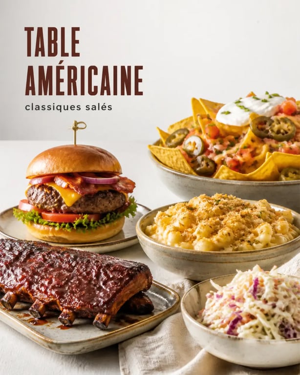 Cuisine americaine recettes : table gourmande avec hamburger, mac and cheese, ribs et nachos