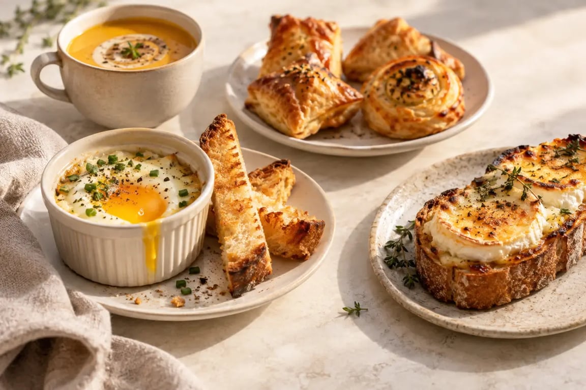Recettes entrées chaudes faciles et rapides : œuf cocotte, tartine gratinée et feuilletés dorés