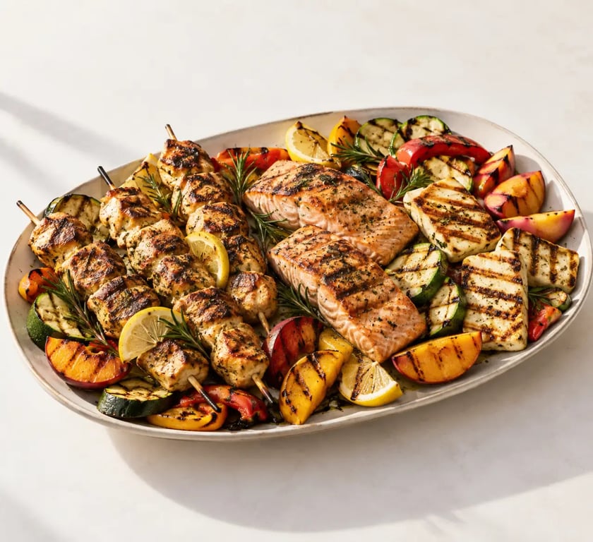 Recette plancha avec brochettes de poulet, saumon, légumes grillés et halloumi