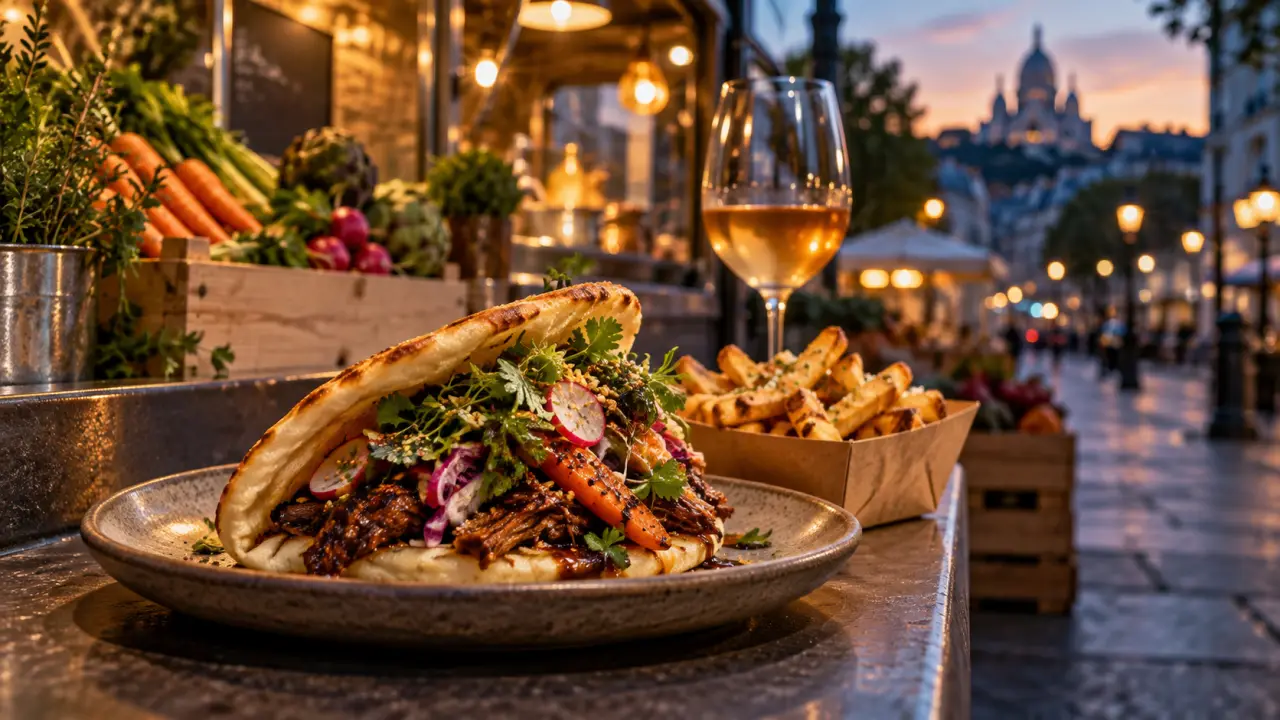 Plat de street food gastronomique aux ingrédients locaux, éclairé par des néons urbains