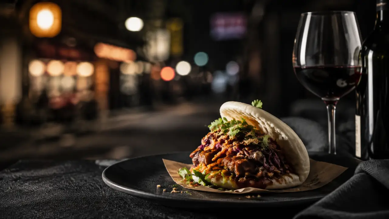 Plat de street food gourmet avec ambiance urbaine nocturne