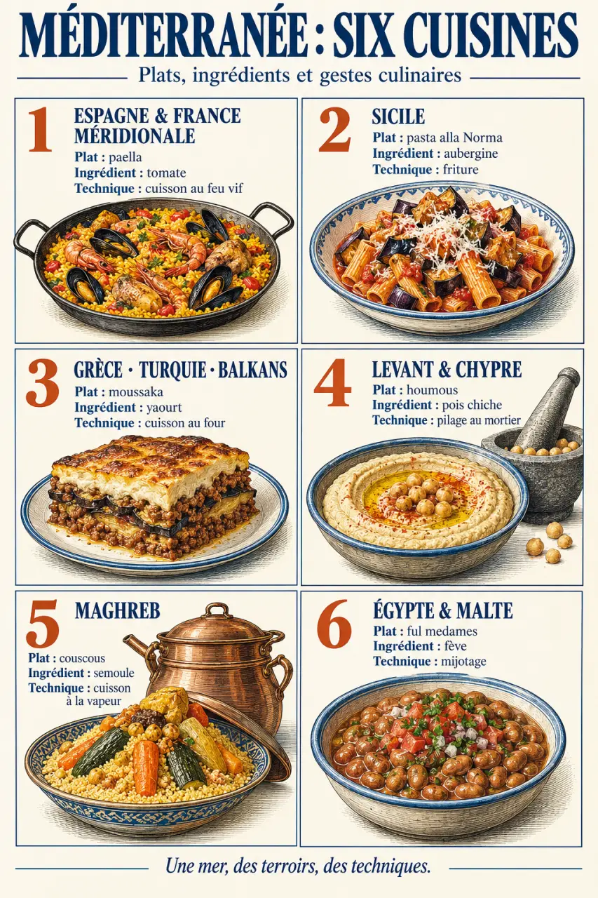 Infographie sur la cuisine méditerranéenne et ses grandes traditions régionales