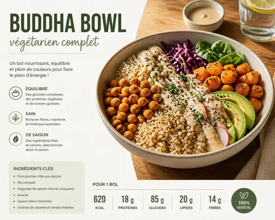 Idées repas végétarien complet avec bowl de légumes, céréales et pois chiches